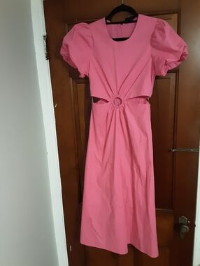 Scoop Pink Puff-Sleeve Midi Dress with Ring Detail Size XS